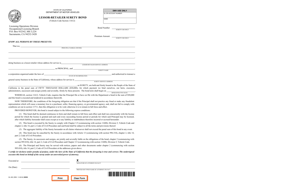 Form OL25C Lessor-Retailer Surety Bond - California, Page 1