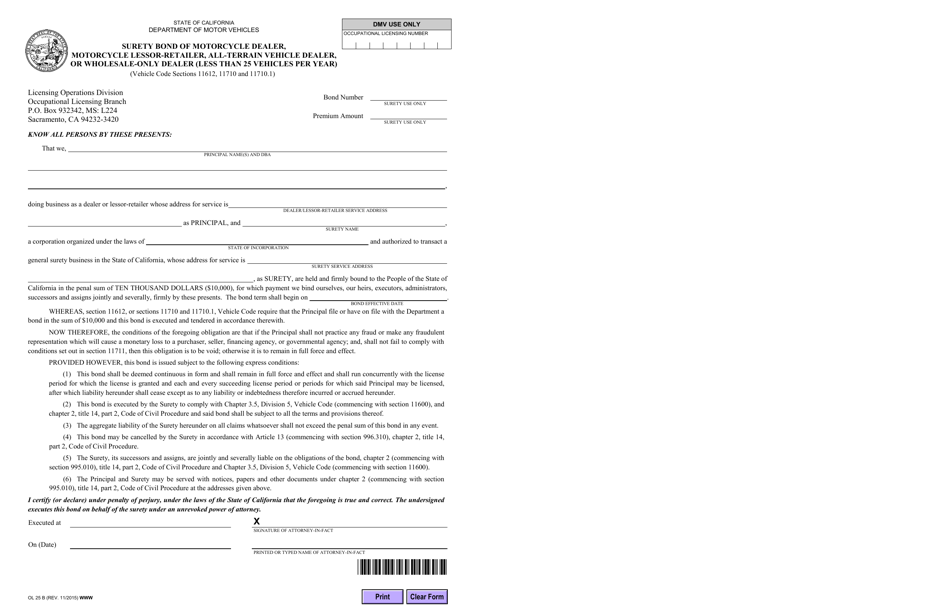 Form OL25B Surety Bond of Motorcycle Dealer, Motorcycle Lessor-Retailer, All-terrain Vehicle Dealer, or Wholesale-Only Dealer (Less Than 25 Vehicles Per Year) - California, Page 1