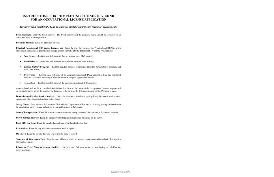 Form OL25B Surety Bond of Motorcycle Dealer, Motorcycle Lessor-Retailer, All-terrain Vehicle Dealer, or Wholesale-Only Dealer (Less Than 25 Vehicles Per Year) - California, Page 2