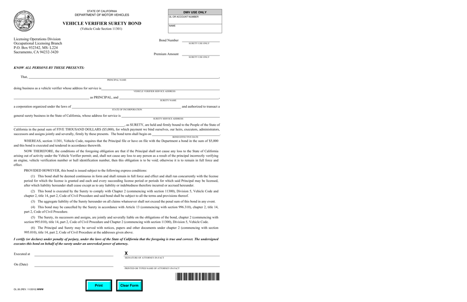Form OL26 Vehicle Verifier Surety Bond - California, Page 1