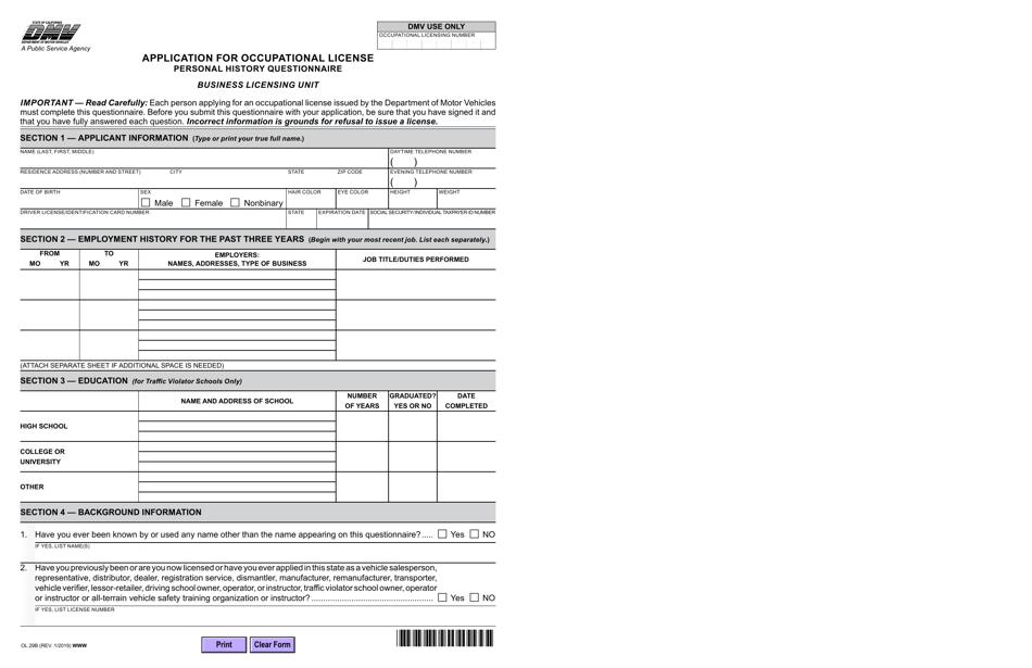 Form OL29B Application for Occupational License - California, Page 1
