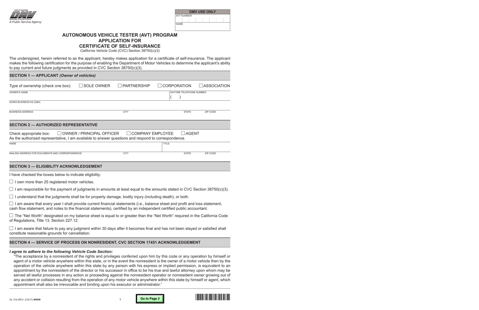 Form OL319 Application for Certificate of Self-insurance - Autonomous Vehicle Tester (Avt) Program - California, Page 1