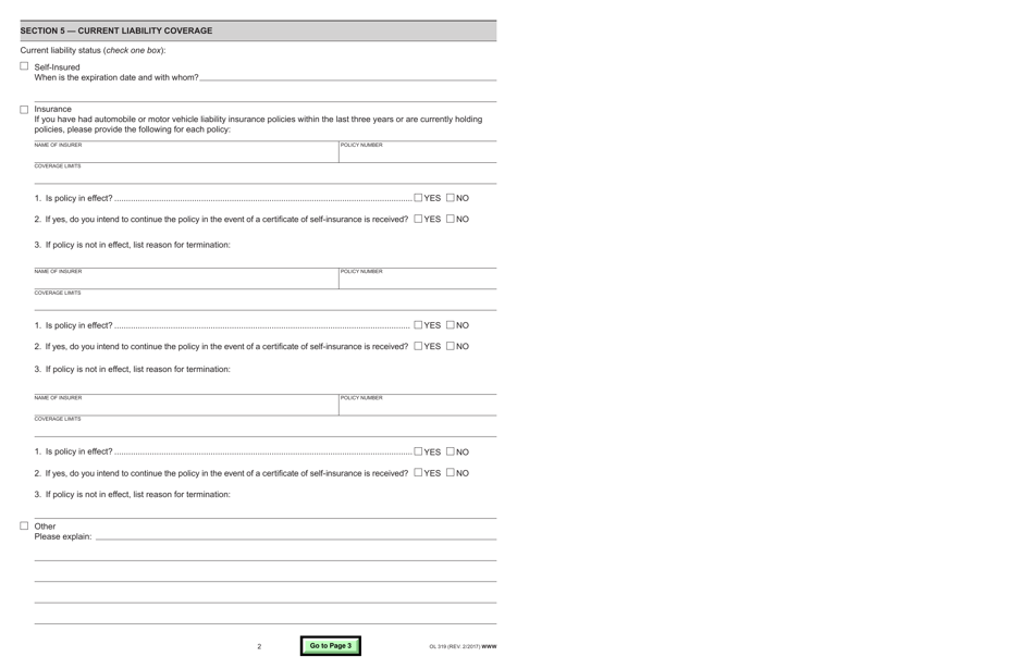 Form OL319 Application for Certificate of Self-insurance - Autonomous Vehicle Tester (Avt) Program - California, Page 2