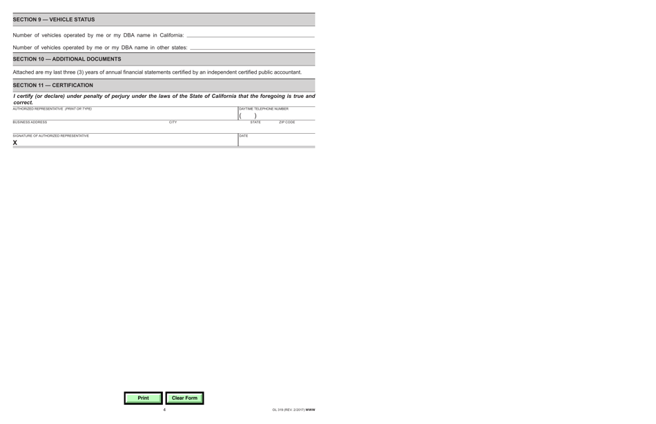 Form OL319 Application for Certificate of Self-insurance - Autonomous Vehicle Tester (Avt) Program - California, Page 4
