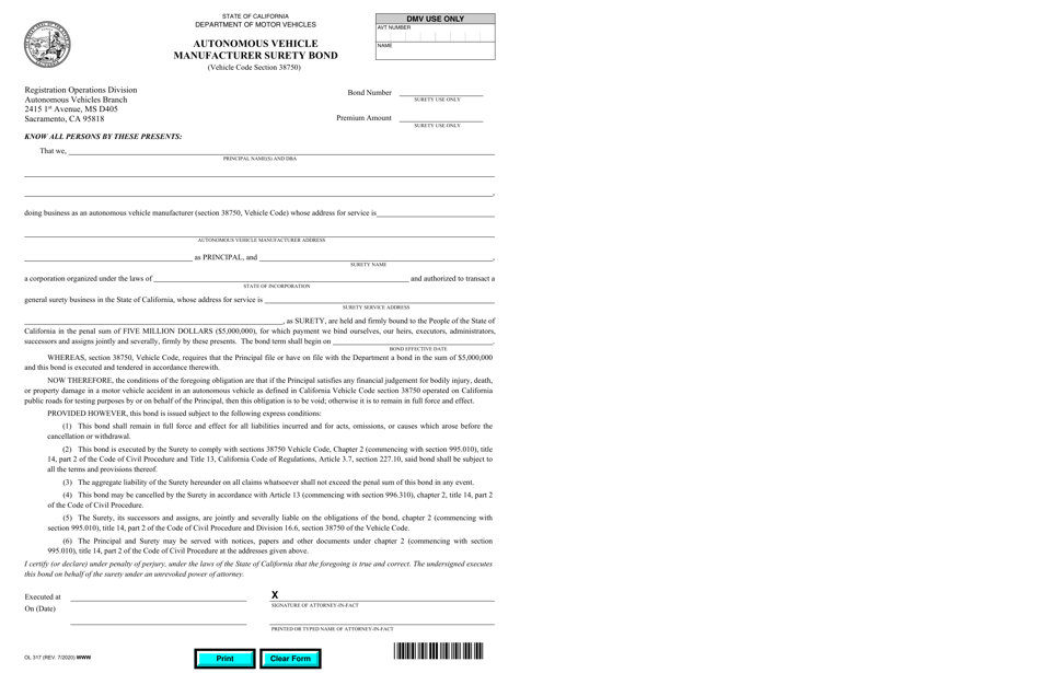 Form OL317 Autonomous Vehicle Manufacturer Surety Bond - California, Page 1