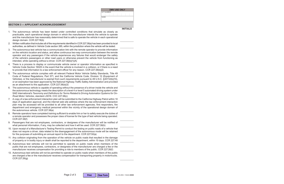 Form OL318 Application for Manufacturers Testing Permit Driverless Vehicles - Autonomous Vehicle Tester (Avt) Program - California, Page 2