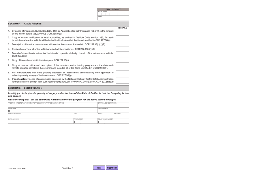 Form OL318 Application for Manufacturers Testing Permit Driverless Vehicles - Autonomous Vehicle Tester (Avt) Program - California, Page 3