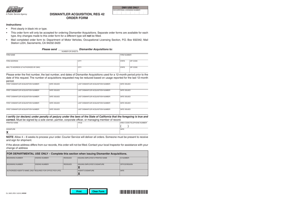 Form OL395D Dismantler Acquisition, Reg 42, Order Form - California