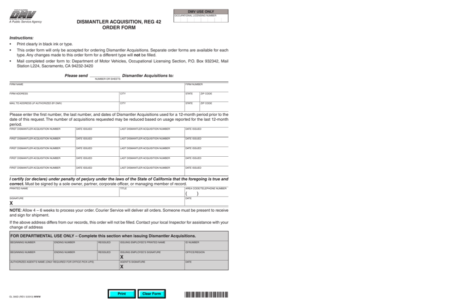 Form OL395D Dismantler Acquisition, Reg 42, Order Form - California, Page 1