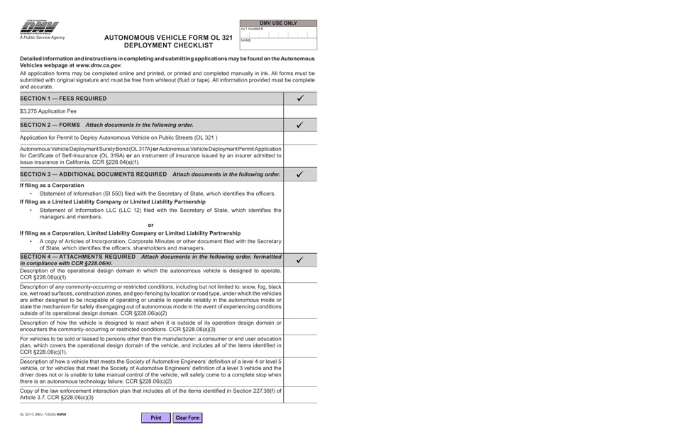 Form OL321C Autonomous Vehicle Deployment Checklist - California, Page 1