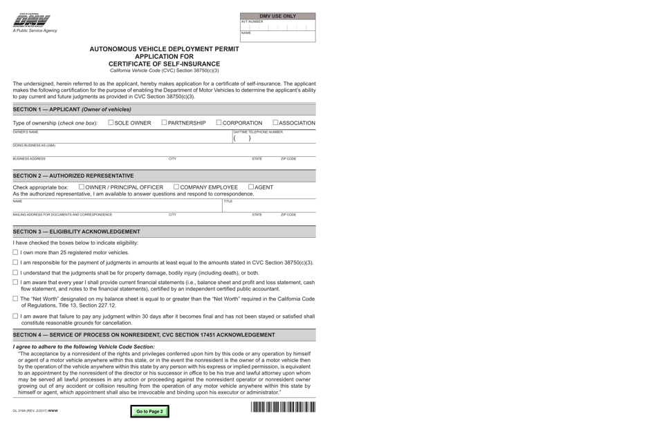 Form OL319A Autonomous Vehicle Deployment Permit Application for Certificate of Self-insurance - California, Page 1