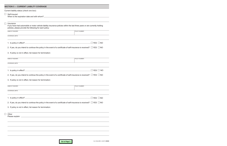 Form OL319A Autonomous Vehicle Deployment Permit Application for Certificate of Self-insurance - California, Page 2