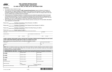 Document preview: Form OL400 DMV Licensed Driving School Certificate Dl 400b, Dl 400c, Dl 400d, and Ol 800 Order Form - California