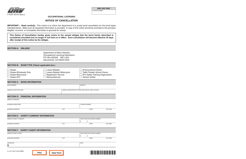 Form OL4007 Notice of Cancellation - California