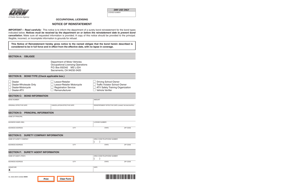 Form OL4008 Notice of Reinstatement - California, Page 1