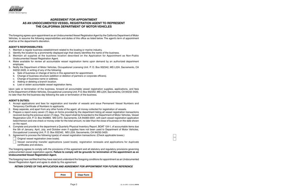 Form OL54 Application for Appointment and Agreement as a Non-public Undocumented Vessel Registration Agent - California, Page 2