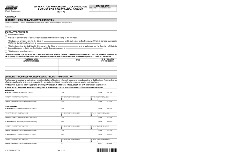 Form OL601 Part A Application for Original Occupational License for Registration Service - California, Page 1