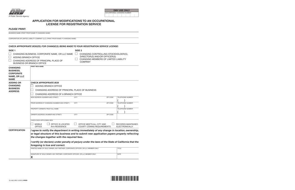 Form OL600 Application for Modifications to an Occupational License for Registration Service - California, Page 1