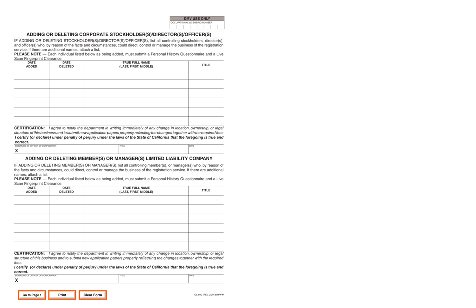 Form OL600 Application for Modifications to an Occupational License for Registration Service - California, Page 2