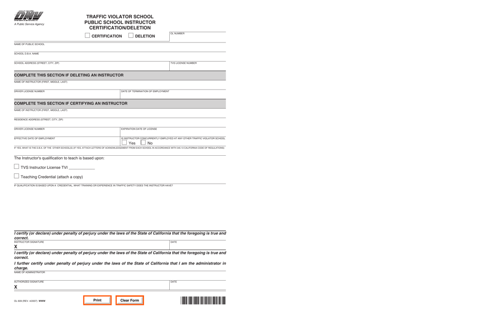 Form OL609 Traffic Violator School Public School Instructor Certification/Deletion - California, Page 1