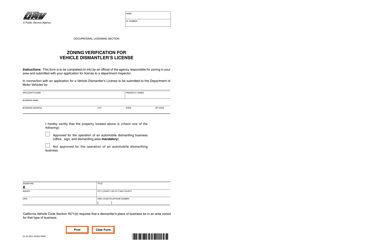 Document preview: Form OL62 Zoning Verification for Vehicle Dismantler's License - California