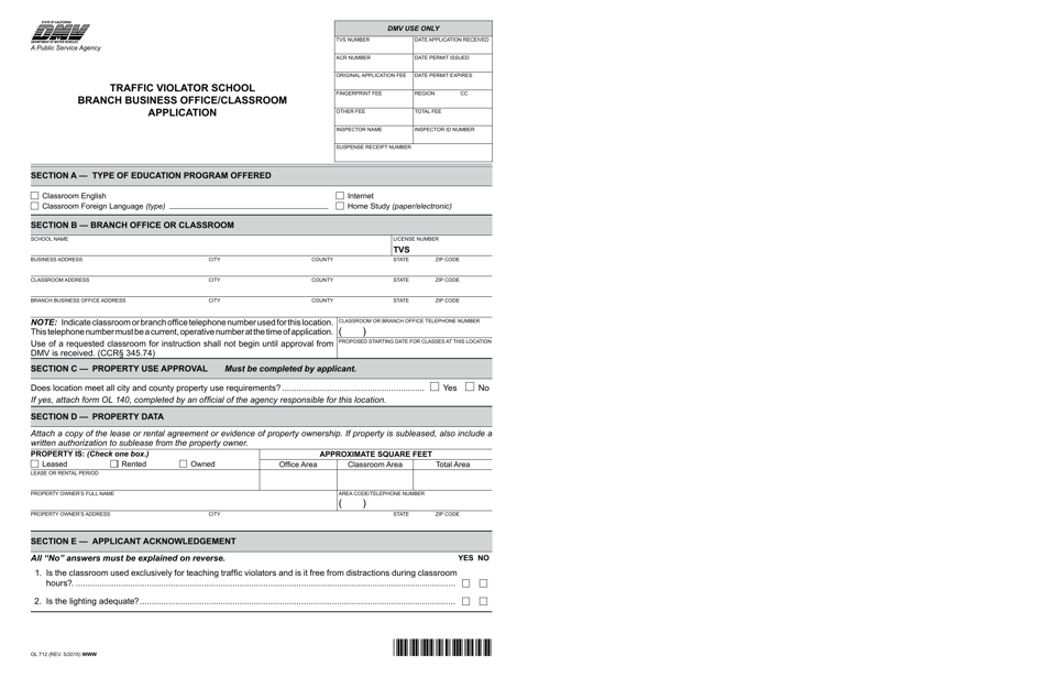 Form OL712 Traffic Violator School Branch Business Office/Classroom Application - California, Page 1
