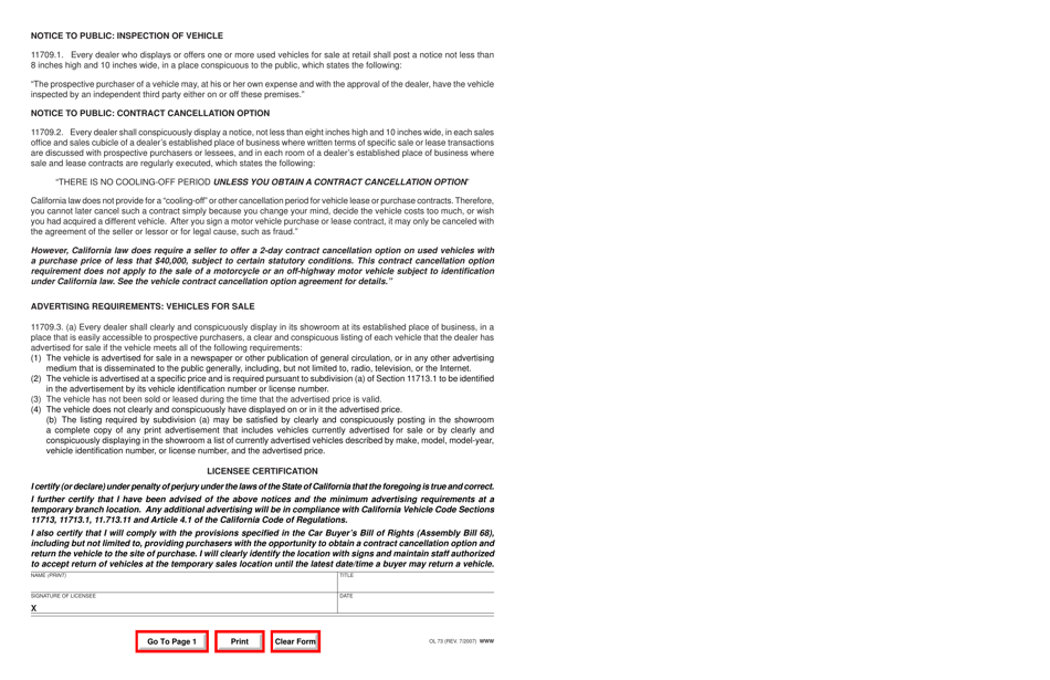 Form OL73 Application for Temporary Branch Location (30 Days or Less) - California, Page 2