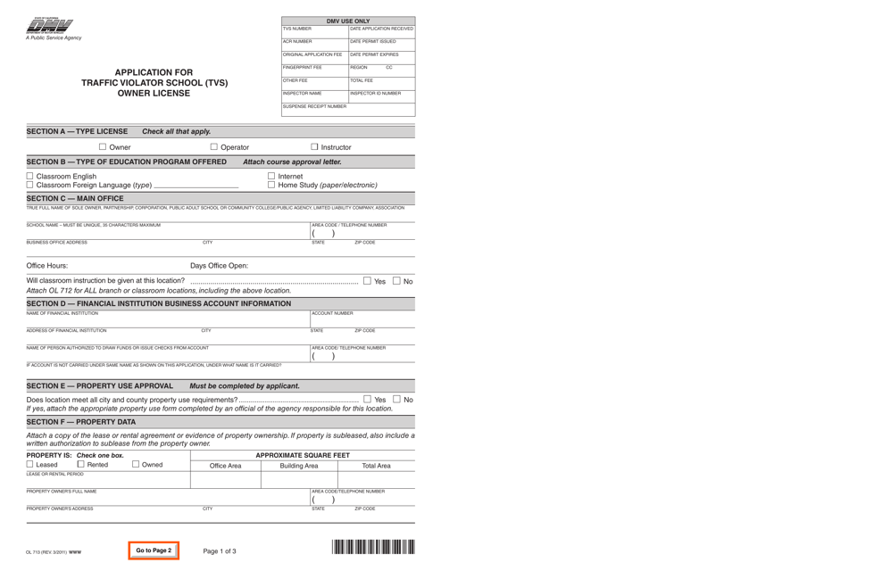 Form OL713 Application for Traffic Violator School (Tvs) Owner License - California
