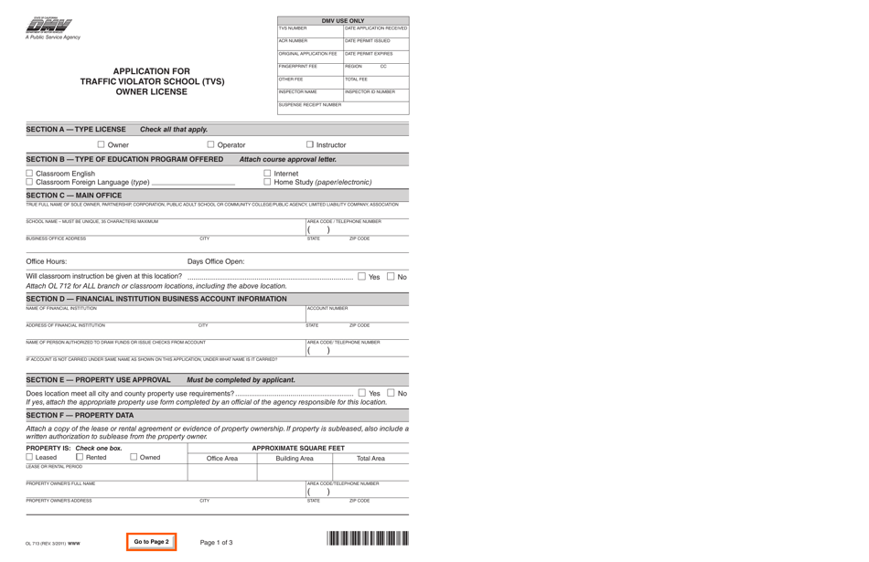 Form OL713 Application for Traffic Violator School (Tvs) Owner License - California, Page 1
