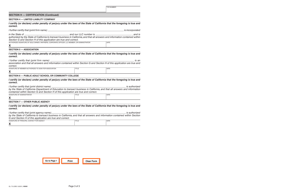 Form OL713 Application for Traffic Violator School (Tvs) Owner License - California, Page 3