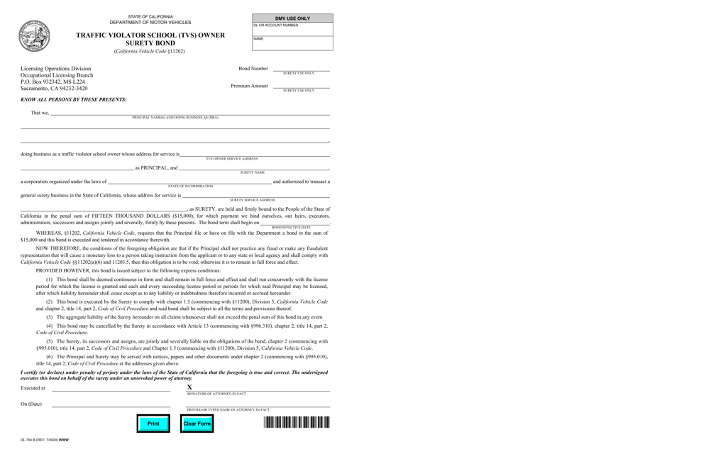 Document preview: Form OL704B Traffic Violator School (Tvs) Owner Surety Bond - California