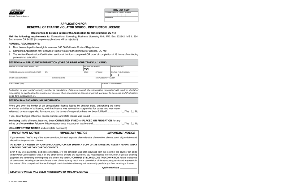 Form OL740 Application for Renewal of Traffic Violator School (Tvs) Instructor License - California, Page 1