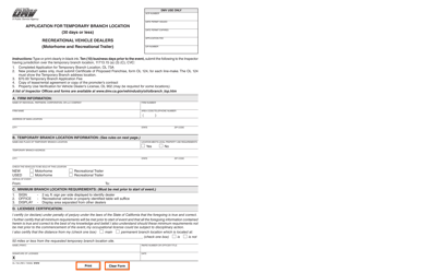 Document preview: Form OL73A Application for Temporary Branch Location (30 Days or Less) - Recreational Vehicle Dealers (Motorhome and Recreational Trailer) - California