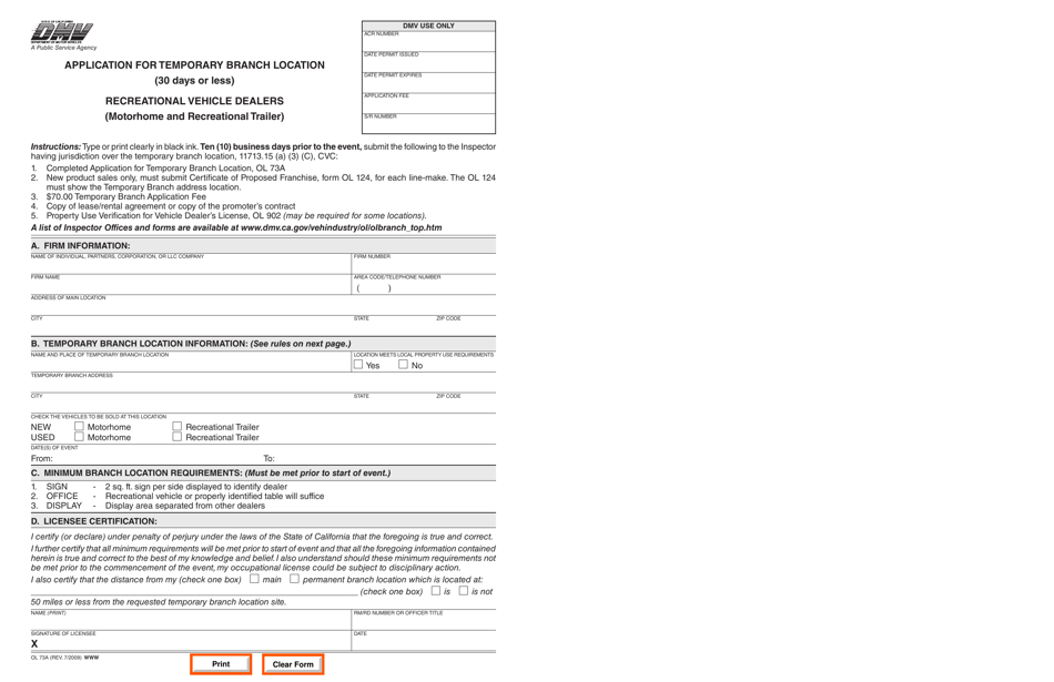 Form OL73A Application for Temporary Branch Location (30 Days or Less) - Recreational Vehicle Dealers (Motorhome and Recreational Trailer) - California, Page 1