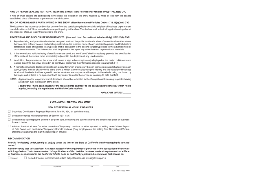 Form OL73A Application for Temporary Branch Location (30 Days or Less) - Recreational Vehicle Dealers (Motorhome and Recreational Trailer) - California, Page 2