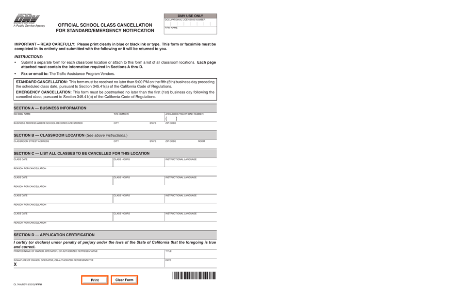 Form OL749 Official School Class Cancellation for Standard / Emergency Notification - California, Page 1