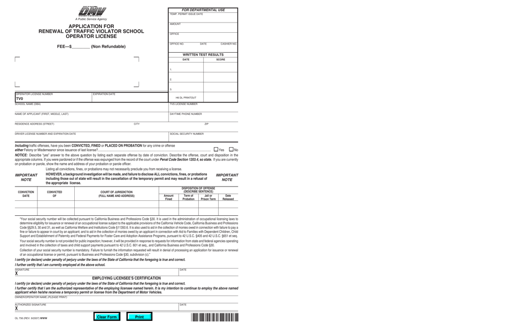 Form OL756 Application for Renewal of Traffic Violator School Operator License - California