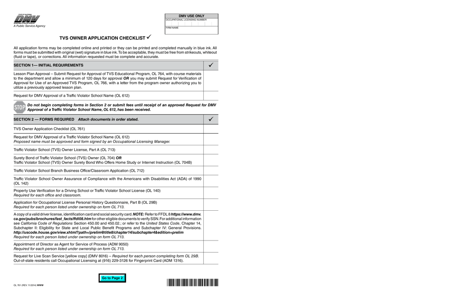 Form OL761 Tvs Owner Application Checklist - California, Page 1