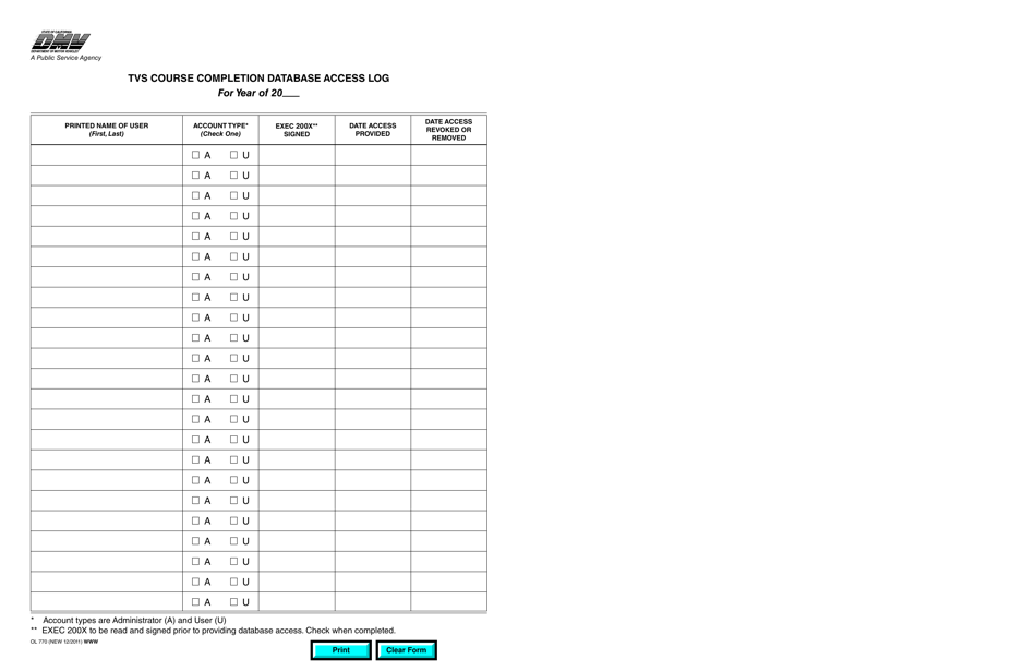 Form OL770 Tvs Course Completion Database Access Log - California, Page 1