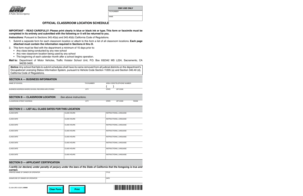 Form OL854 Official Classroom Location Schedule - California