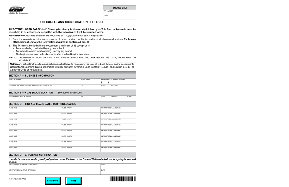 Form OL854 Official Classroom Location Schedule - California, Page 1