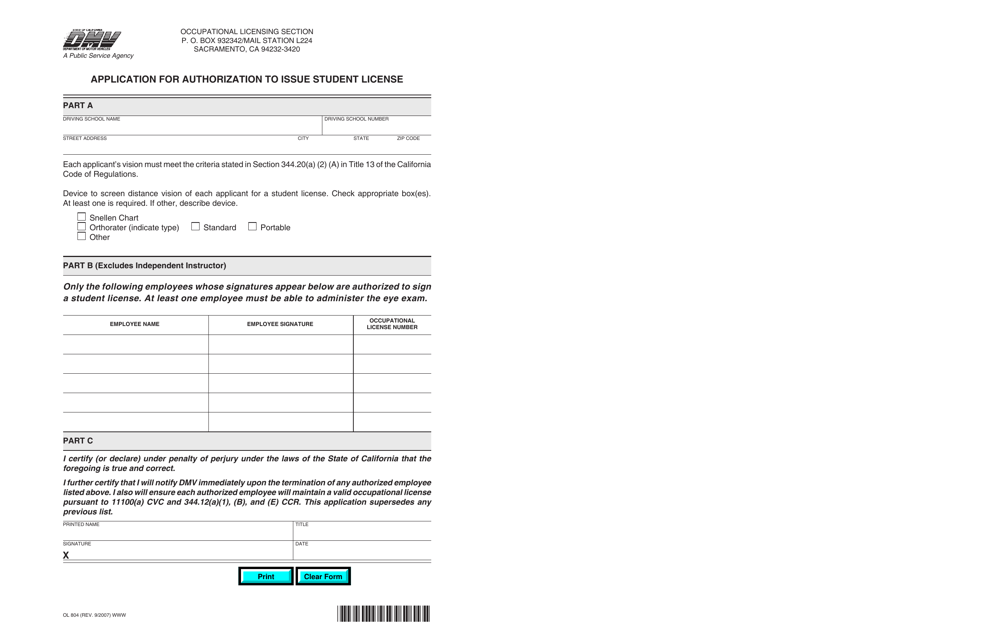 Form OL804 Application for Authorization to Issue Student License - California