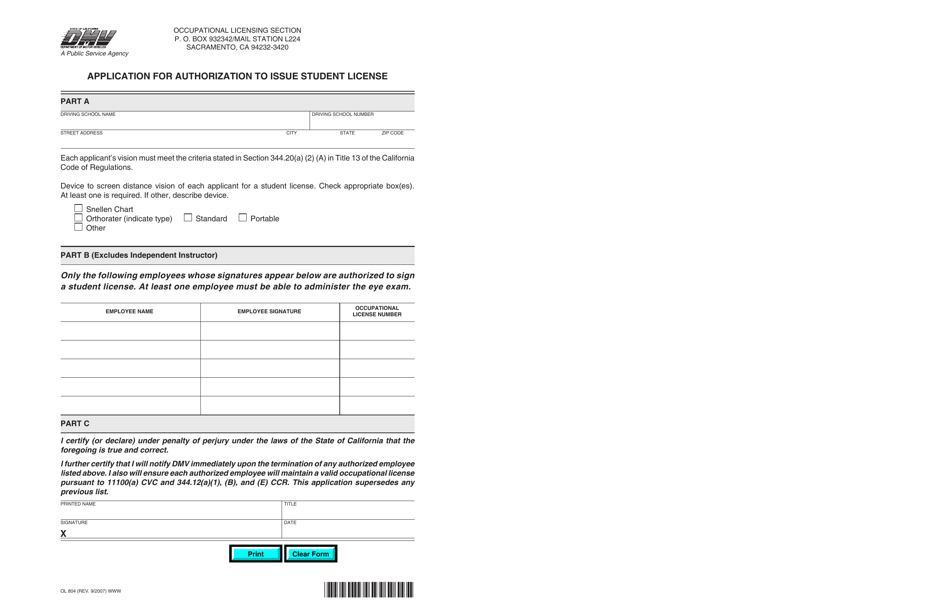 Form OL804 Application for Authorization to Issue Student License - California, Page 1