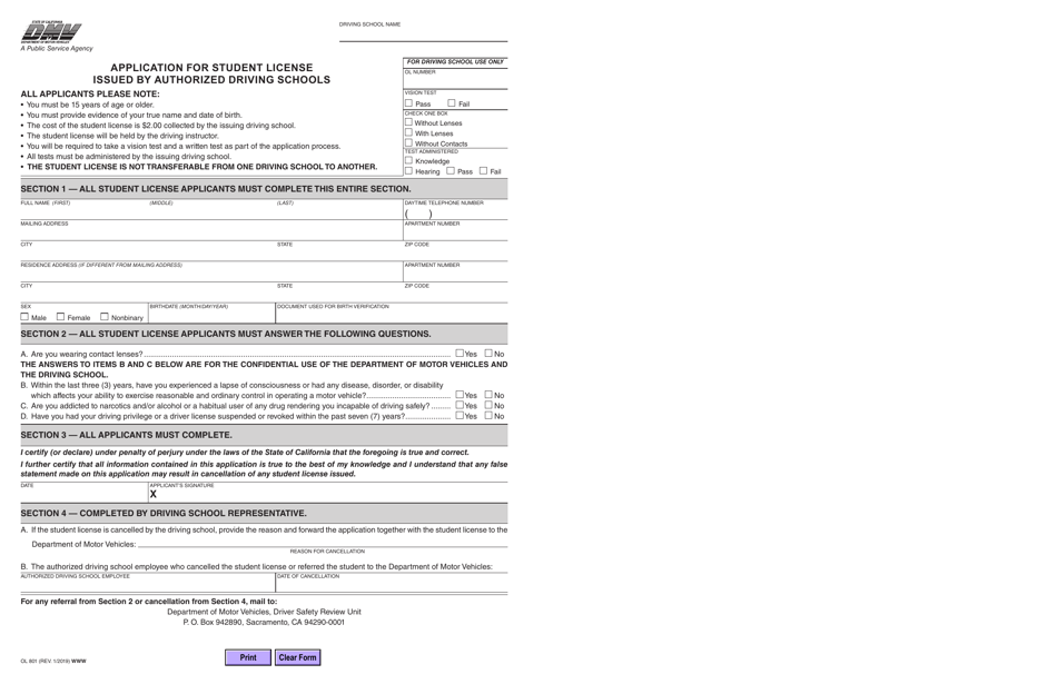 Form OL801 Application for Student License Issued by Authorized Driving Schools - California, Page 1