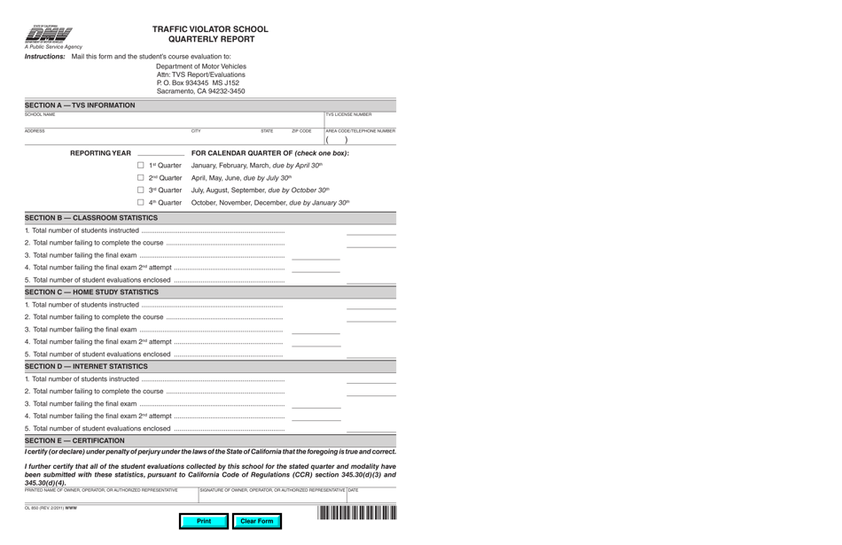 Form OL850 Traffic Violator School Quarterly Report - California, Page 1