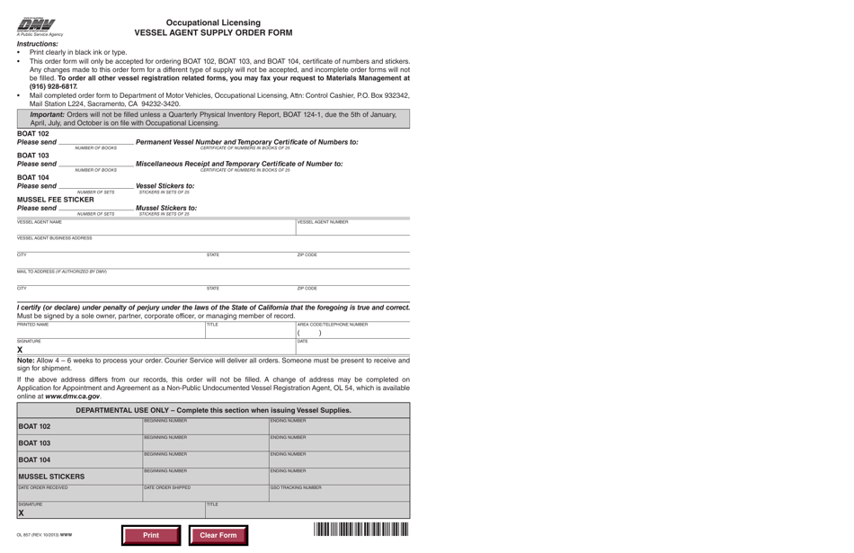 Form OL857 Vessel Agent Supply Order Form - California, Page 1