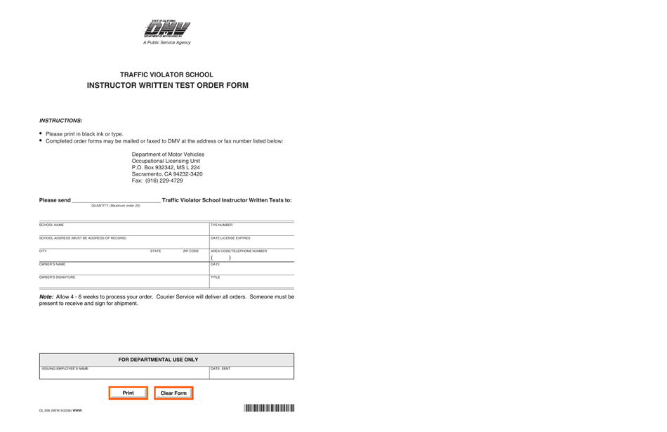 Form OL856 Traffic Violator School Instructor Written Test Order Form - California, Page 1