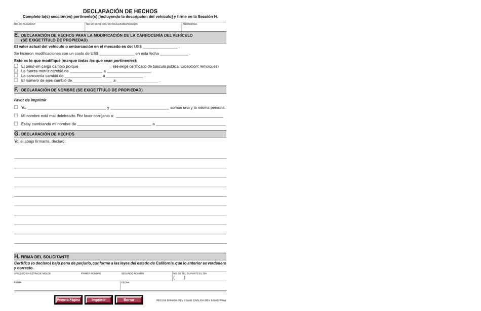Formulario REG256 Declaracion De Hechos - California (Spanish), Page 2