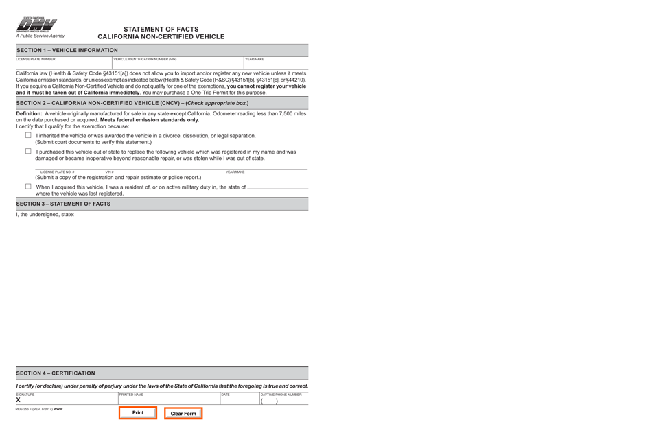 Form REG256F Statement of Facts - California Non-certified Vehicle - California, Page 1