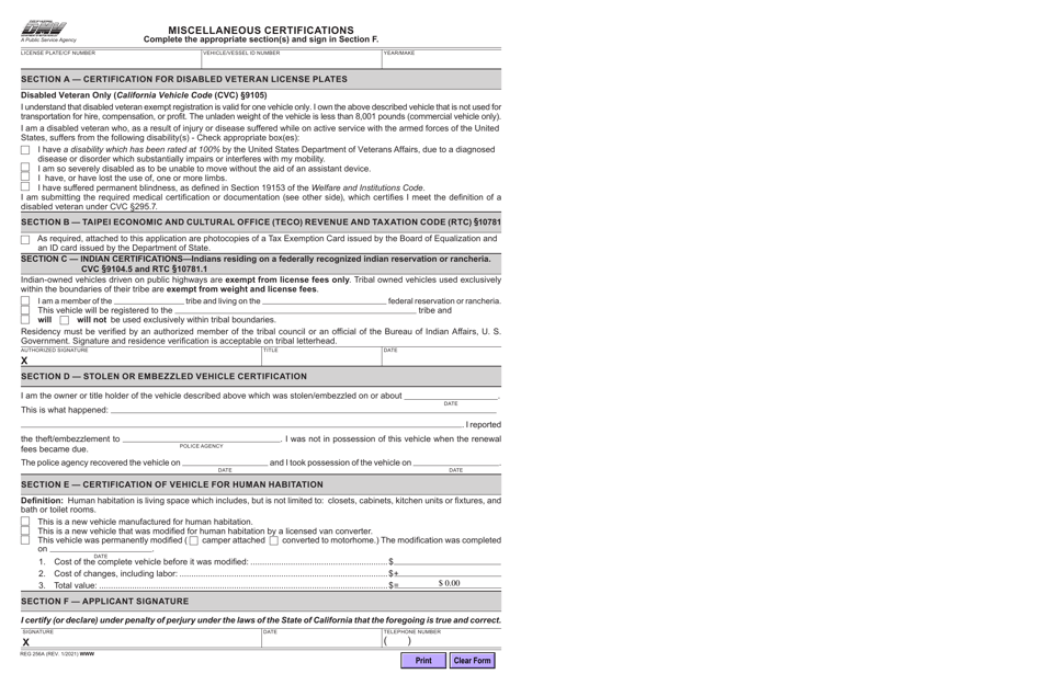 Form REG256A Miscellaneous Certifications - California, Page 1